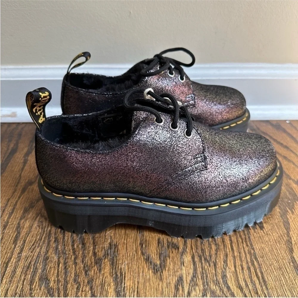 NWT Dr Martens 1461 Platform Shoes Faux Fur Lined Metallic Leather Shiny Women’s